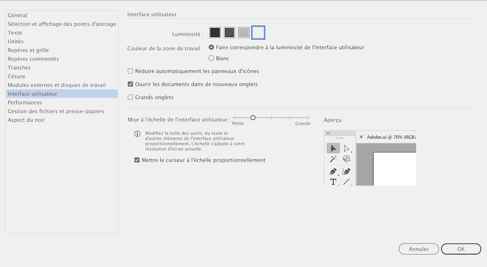 mac changer taille interface illustrator solution plus grande