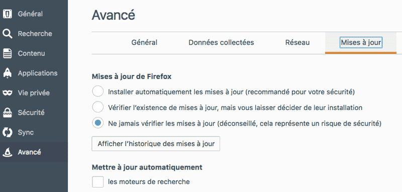 Supprimer alerte mise à jour Firefox mac