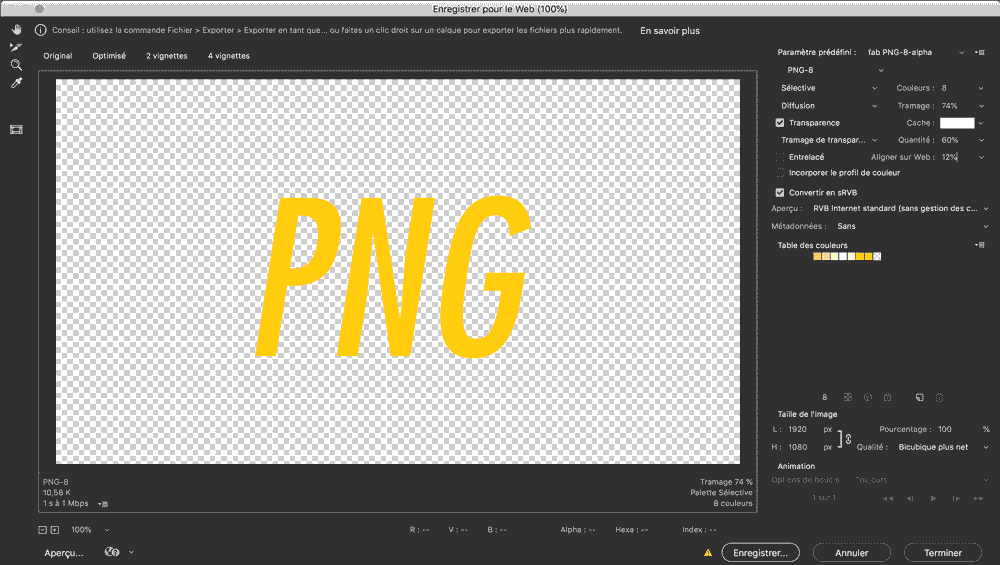 PHOTOSHOP enregistrer web meilleurs paramètres PNG