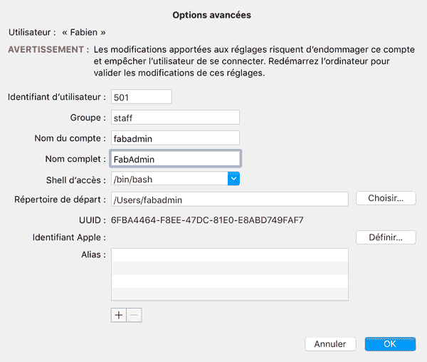 macos bigsur renommer compte admin