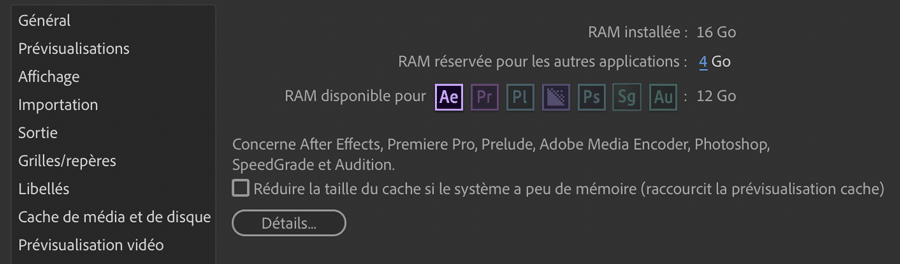 macbookpro 16go RAM mémoire AfterEffects