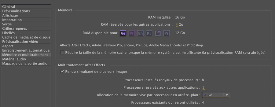 Rendu multitraitement aftereffects cs6 mémoire macbookpro