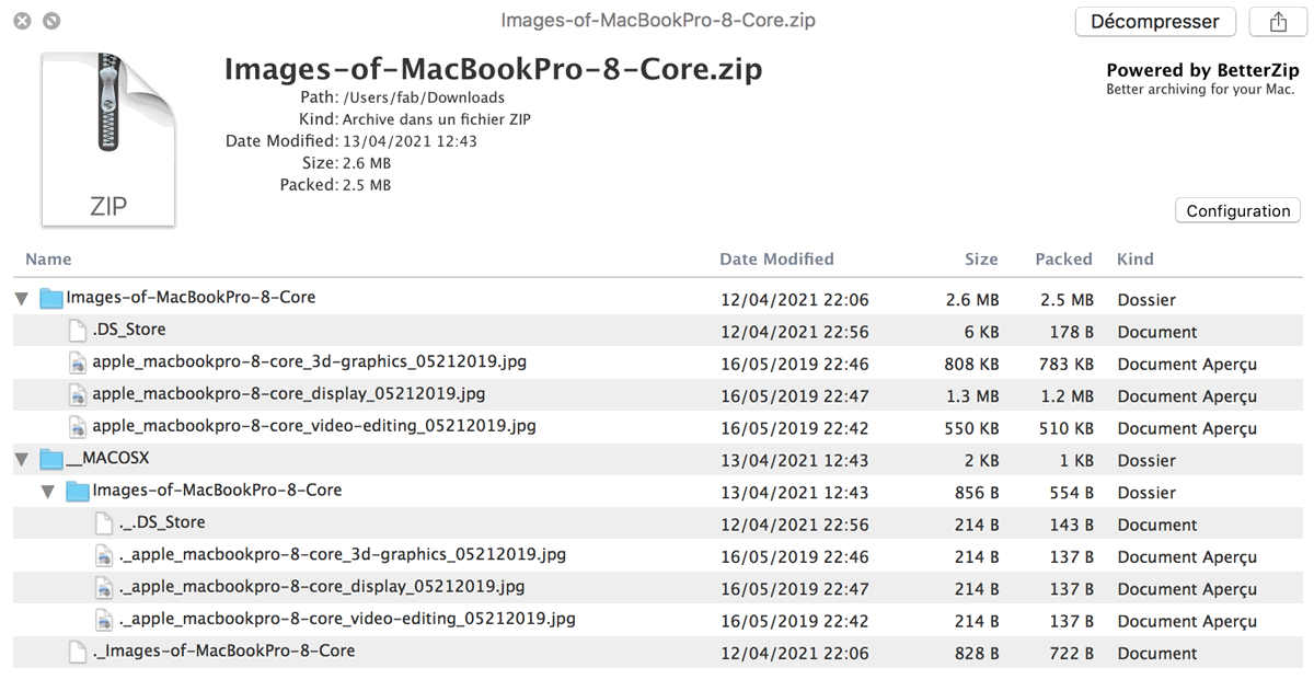 FINDER aperçu comment voir contenu fichier ZIP