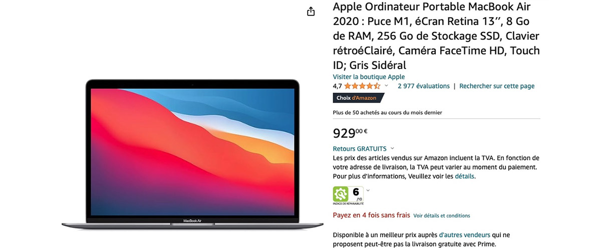 Réduction macBookAir m1 929 €